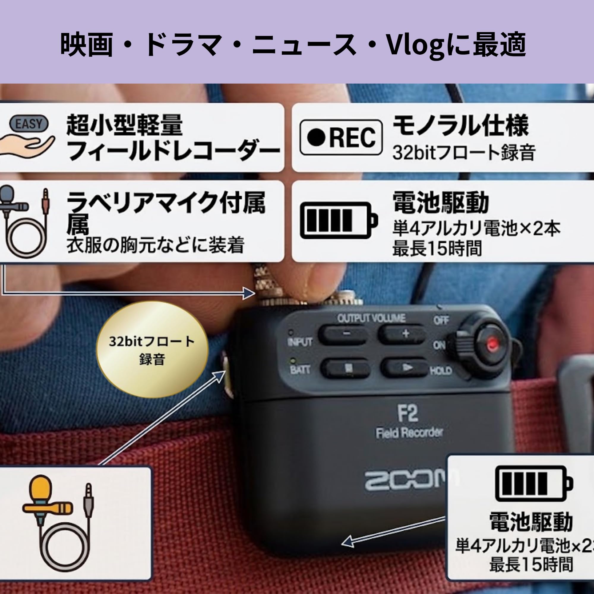 Amazon | ZOOM(ズーム) F2/B 超小型レコーダー 録音 ピンマイク付属
